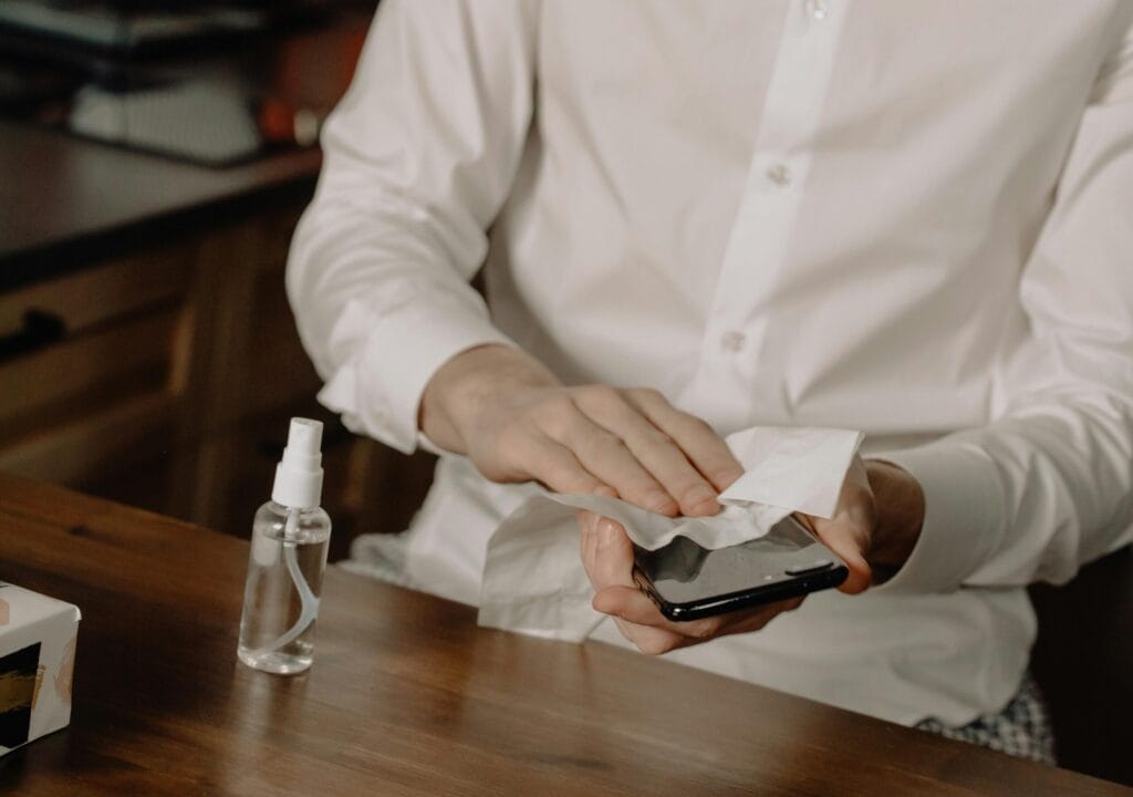 A person sanitizes their smartphone at a table, promoting healthy hygiene in home settings.